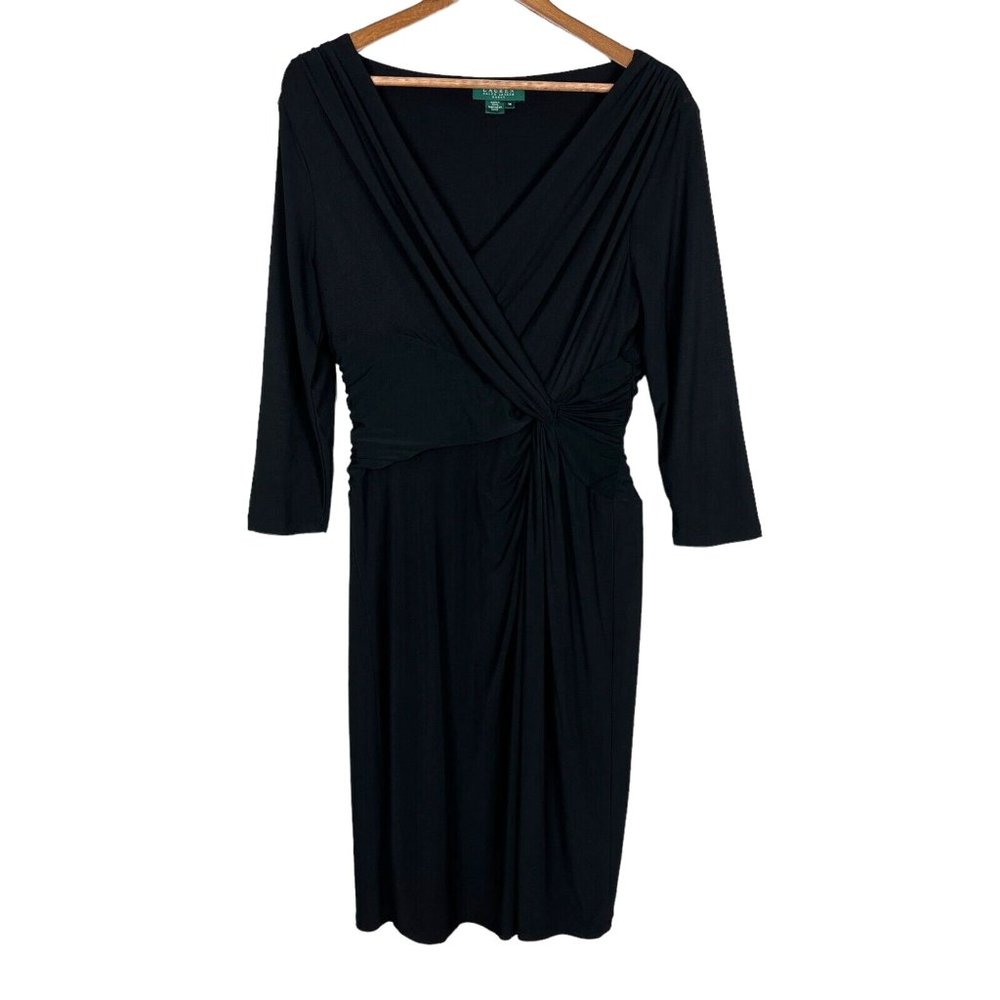 Lauren Ralph Lauren Dress 14 Black Sheath Faux Wrap V-Neck 3/4 Sleeve Flattering